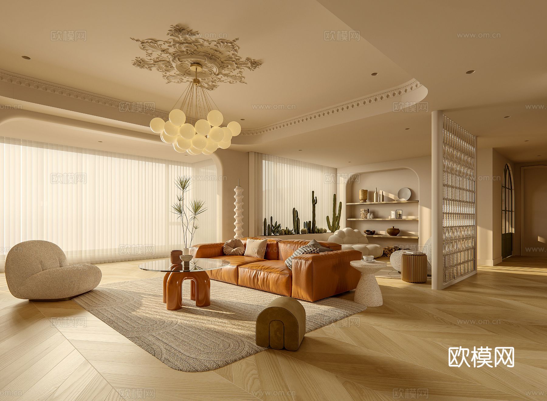 奶油风家装案例客厅 卧室效果图下载（渲染图3）