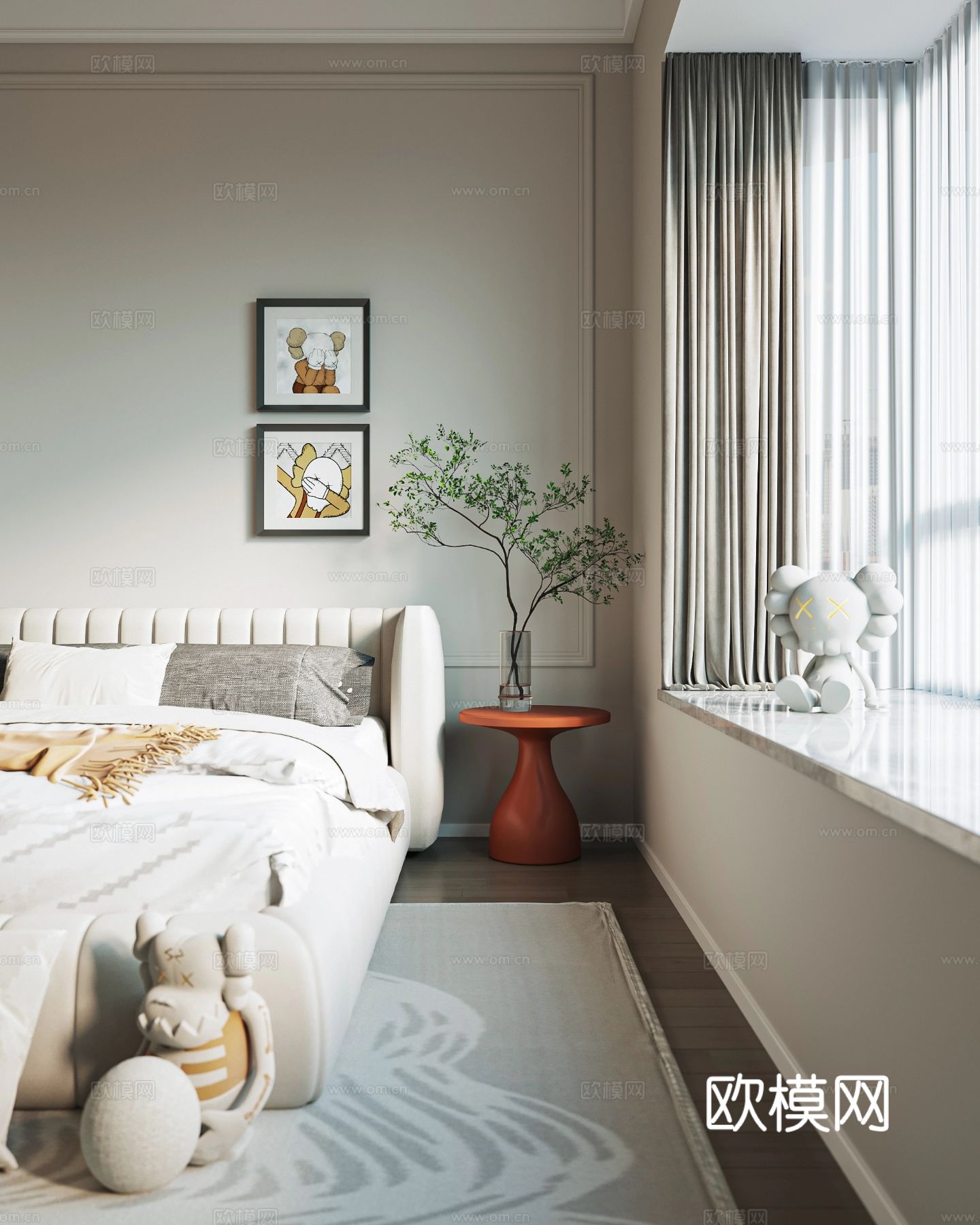 奶油风家装案例 客厅 卧室效果图下载（渲染图11）