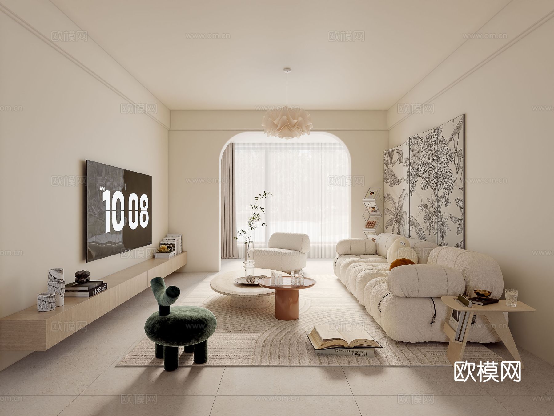 奶油风家装案例客厅 卧室效果图下载（渲染图1）