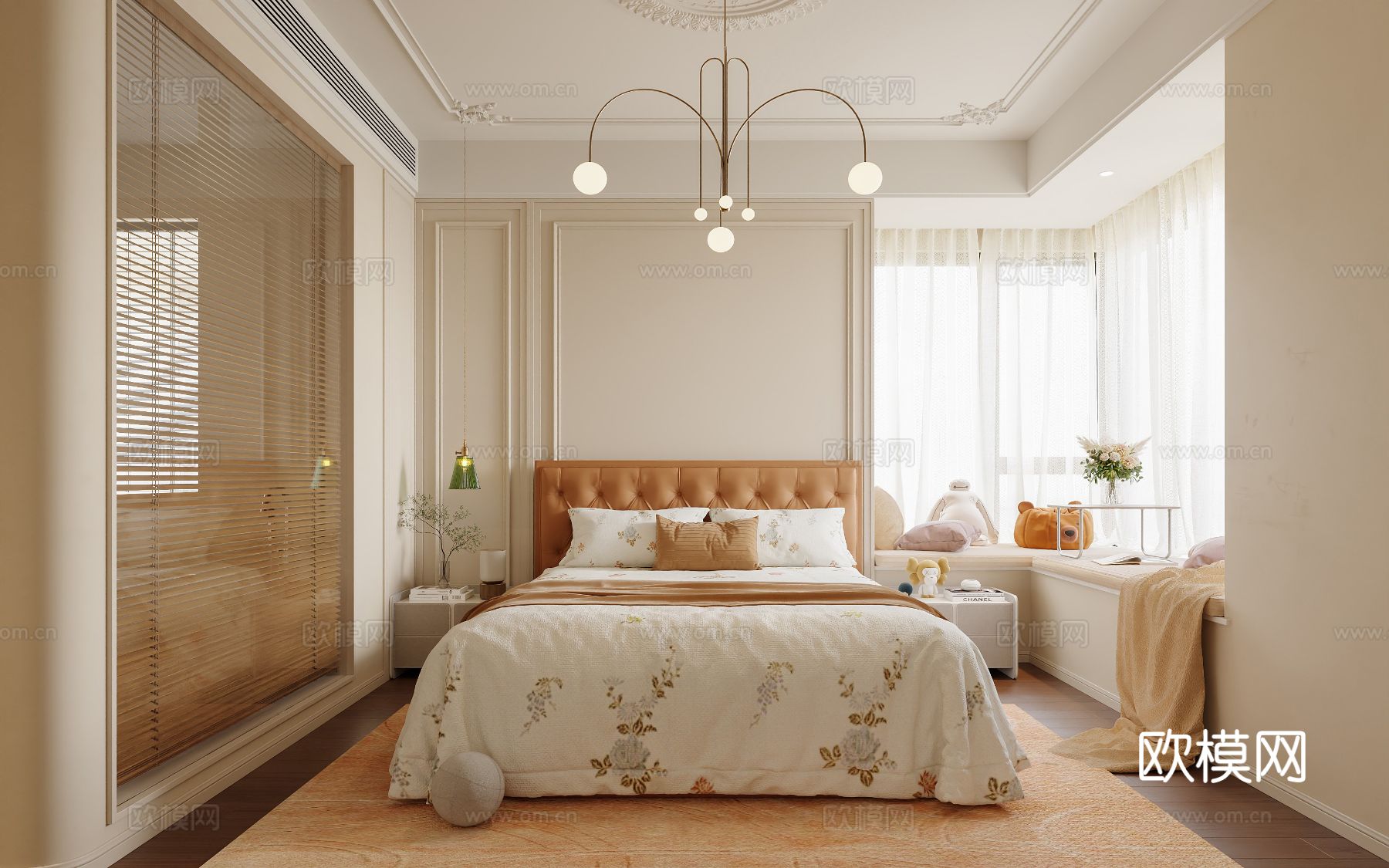 奶油风家装案例客厅卧室效果图下载（渲染图7）