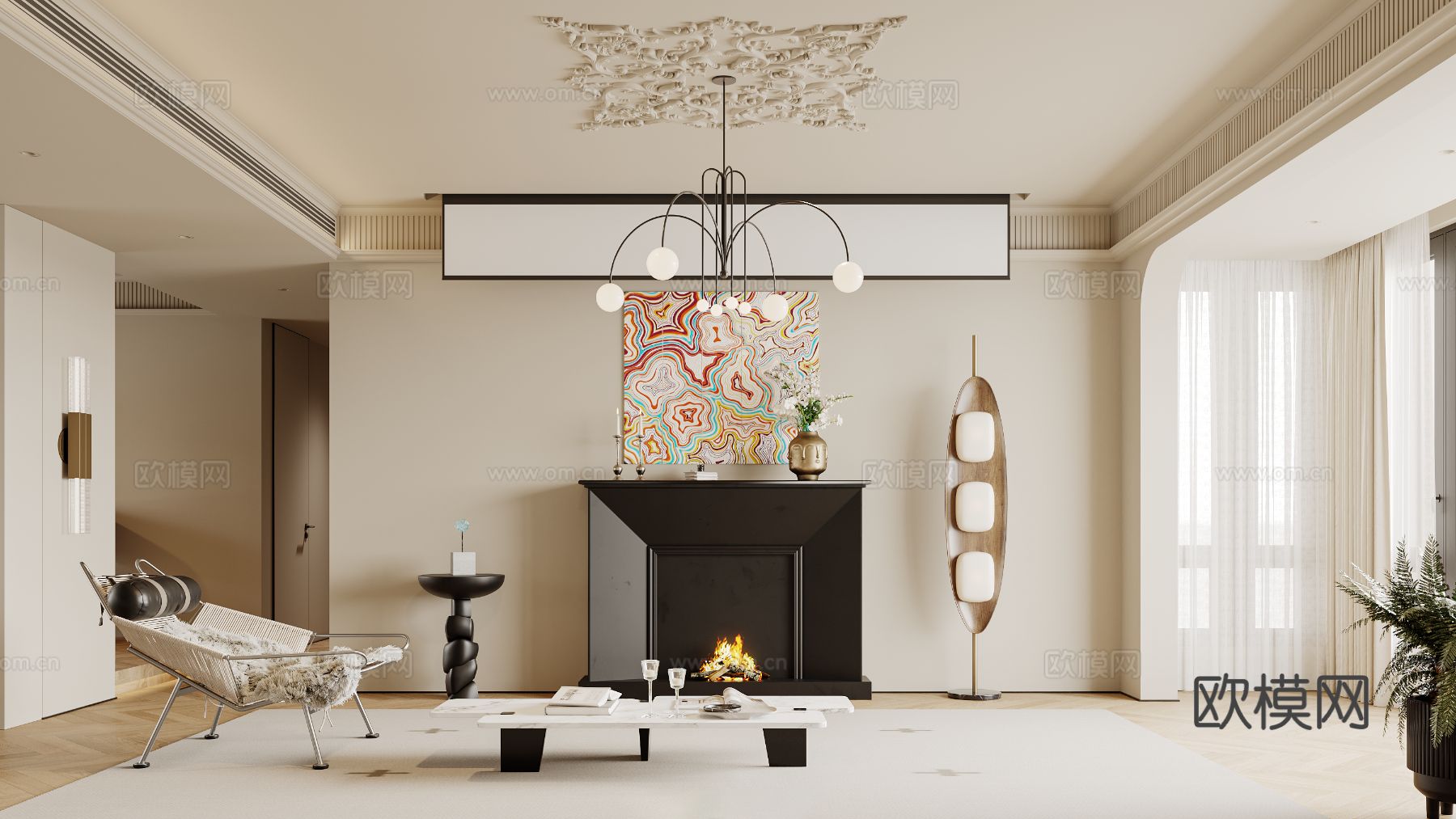 奶油风家装案例客厅卧室效果图下载（渲染图4）