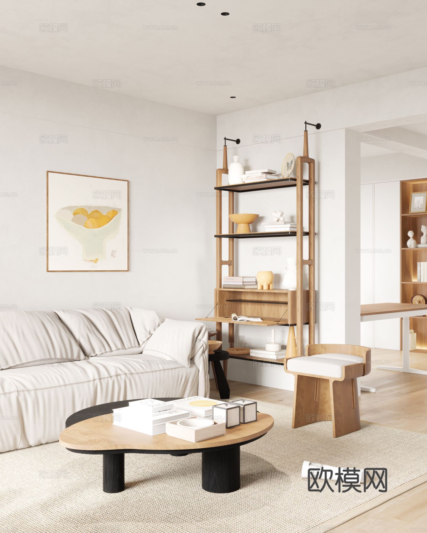 奶油风家装案例客厅 卧室效果图下载（渲染图11）