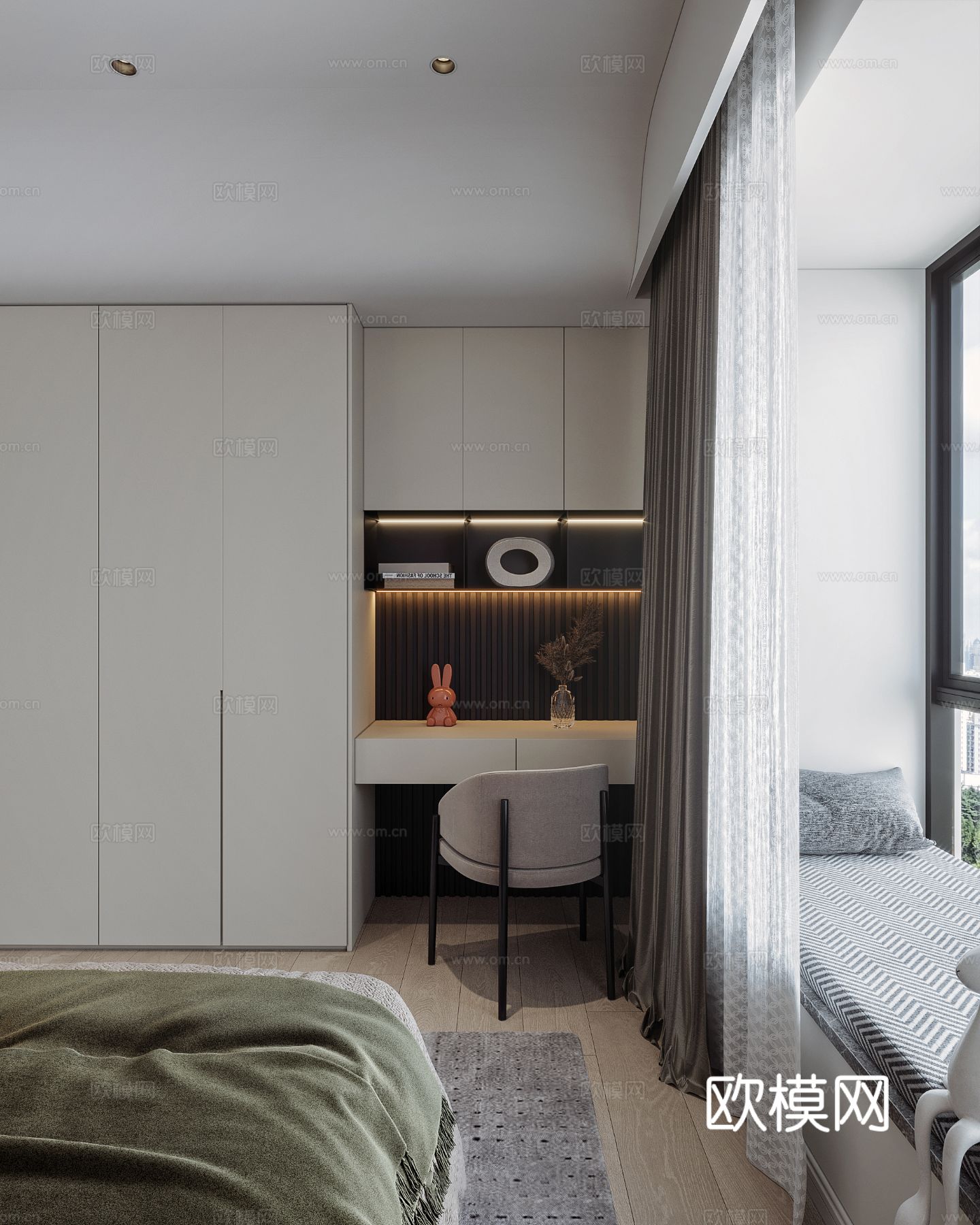 现代奶油风家装案例 卧室效果图下载（渲染图2）