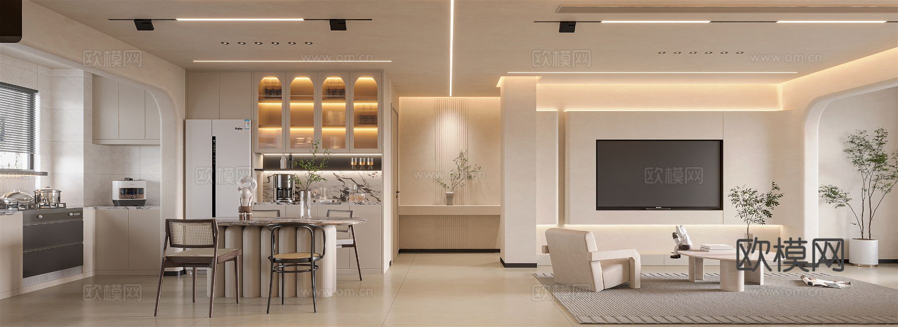 奶油风家装案例客厅 卧室效果图下载（渲染图3）