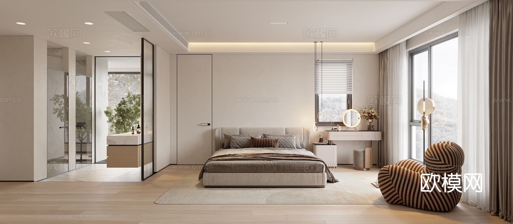 奶油风家装案例客厅 卧室效果图下载（渲染图4）