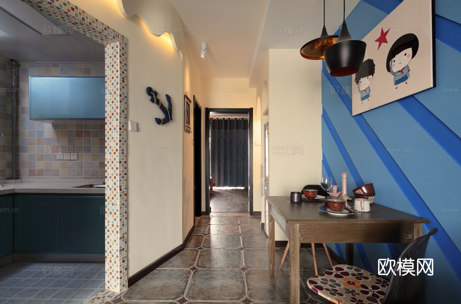 现代工业风公寓 家装设计 餐厅客厅卧室效果图下载（渲染图3）