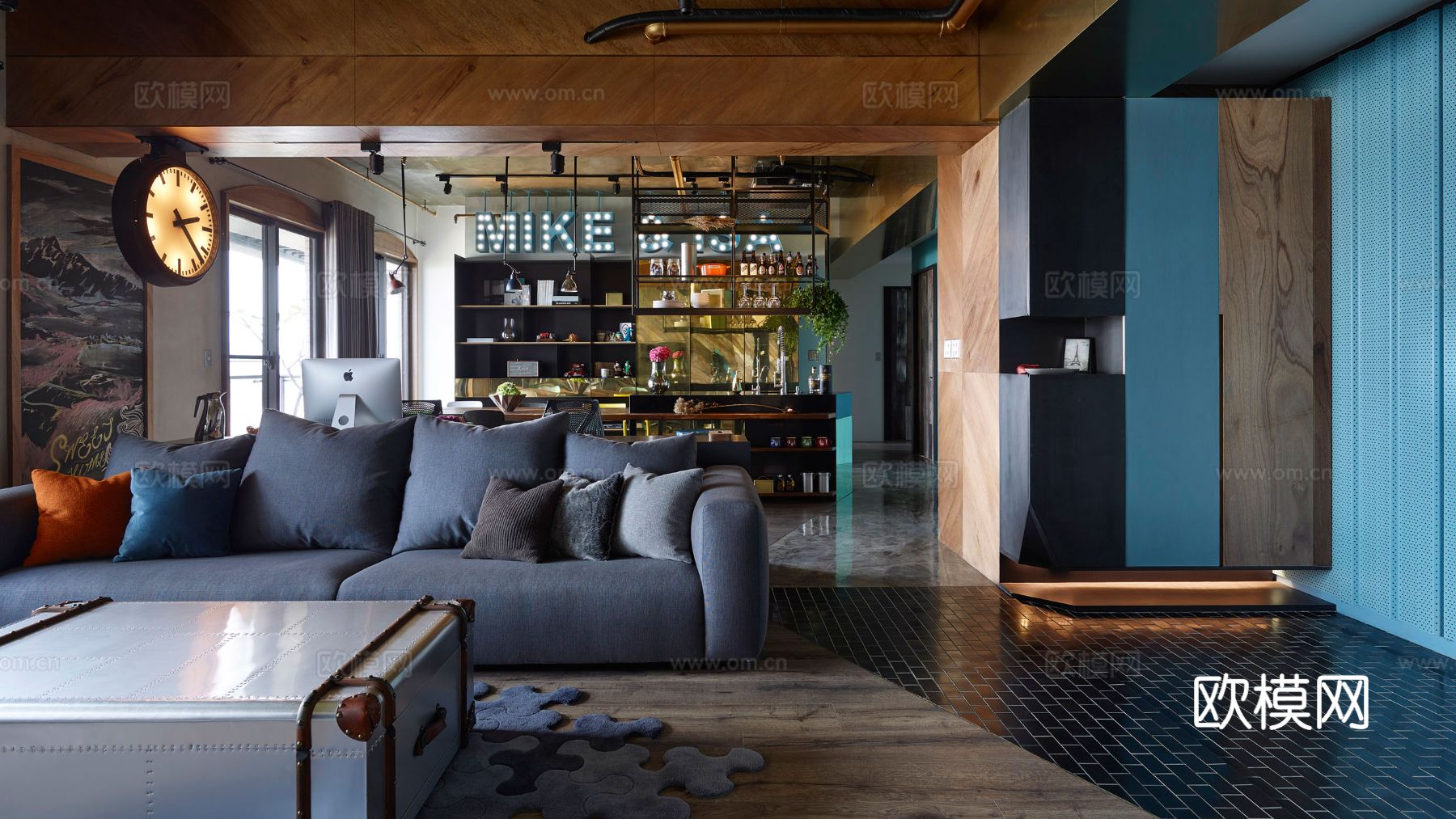 现代工业风家装设计 餐厅客厅卧室效果图下载（渲染图1）