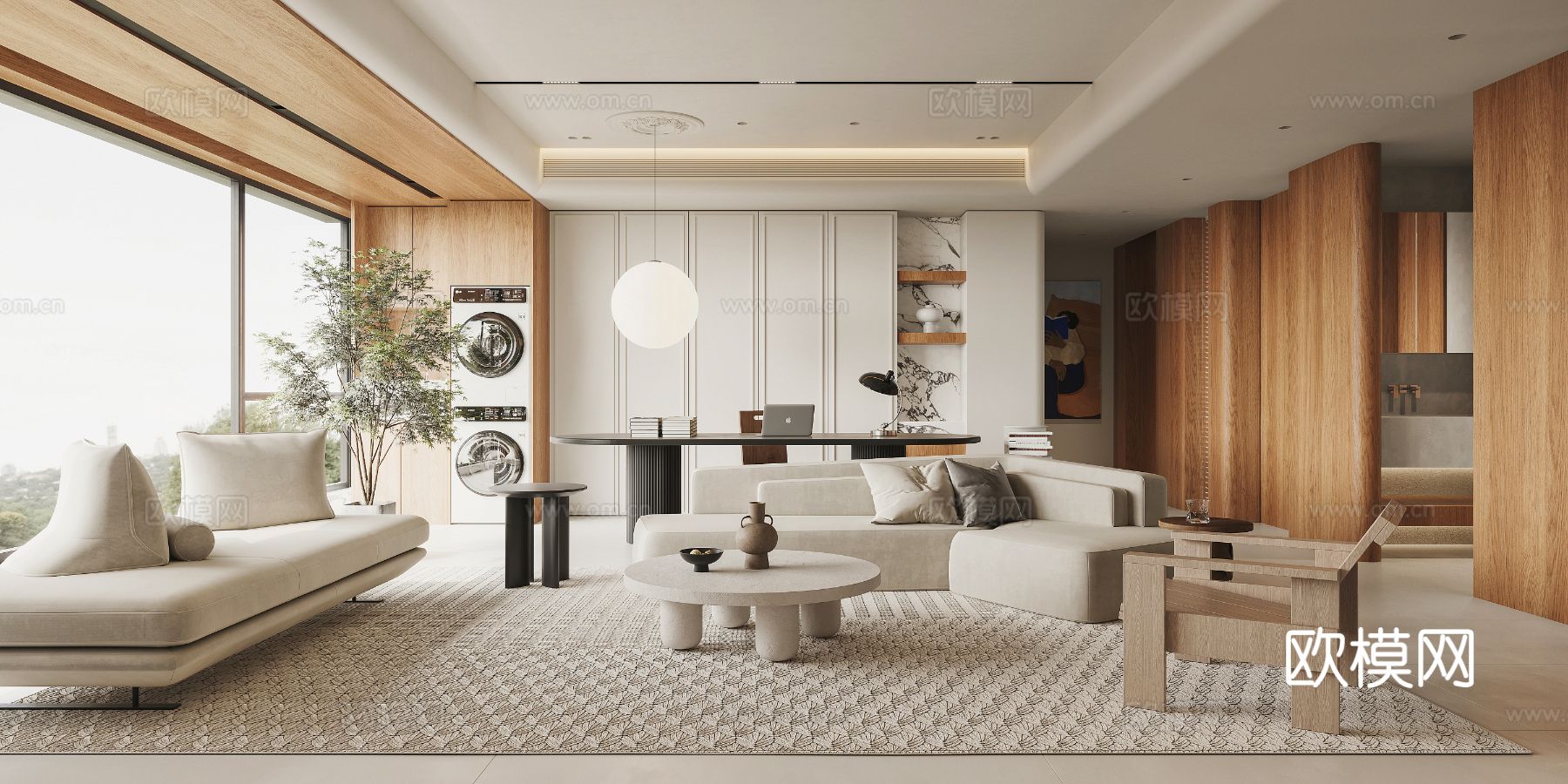 奶油风家装案例客厅 卧室效果图下载（渲染图1）