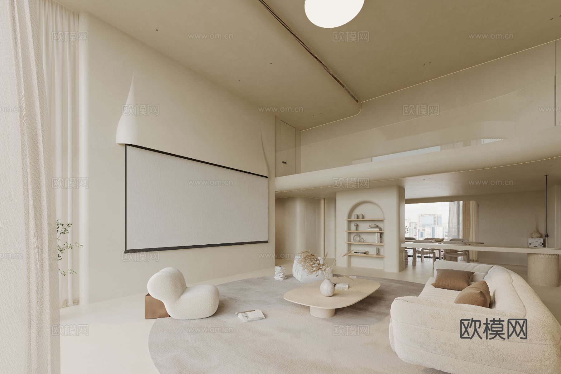 奶油风家装复式案例客厅 卧室效果图下载（渲染图9）