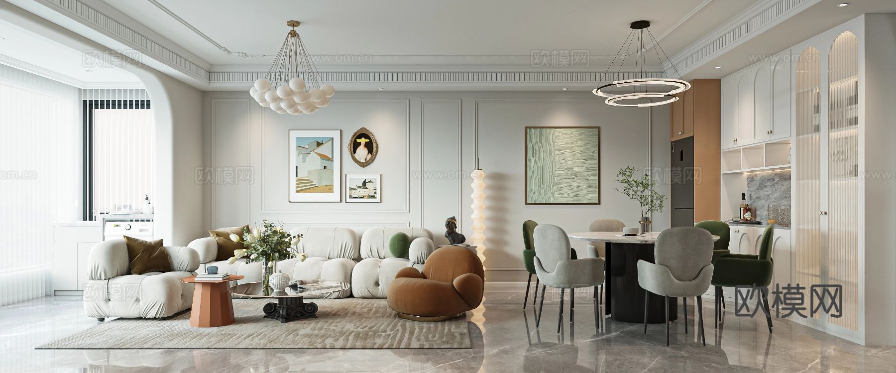 奶油风家装案例 客厅 卧室效果图下载（渲染图1）