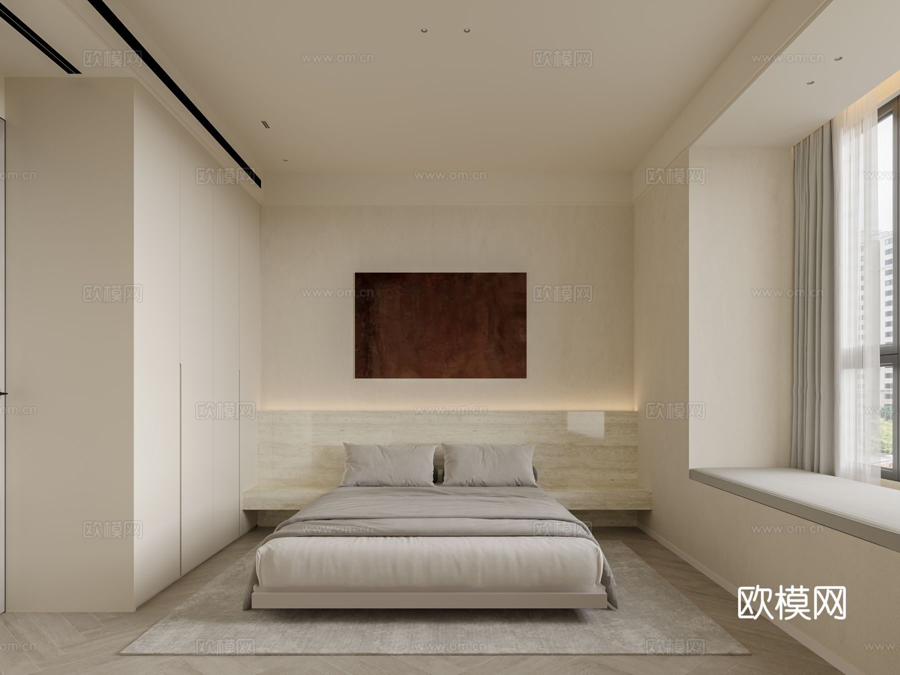 奶油风家装案例客厅 卧室效果图下载（渲染图2）