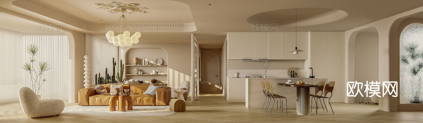 奶油风家装案例客厅 卧室效果图下载（渲染图10）