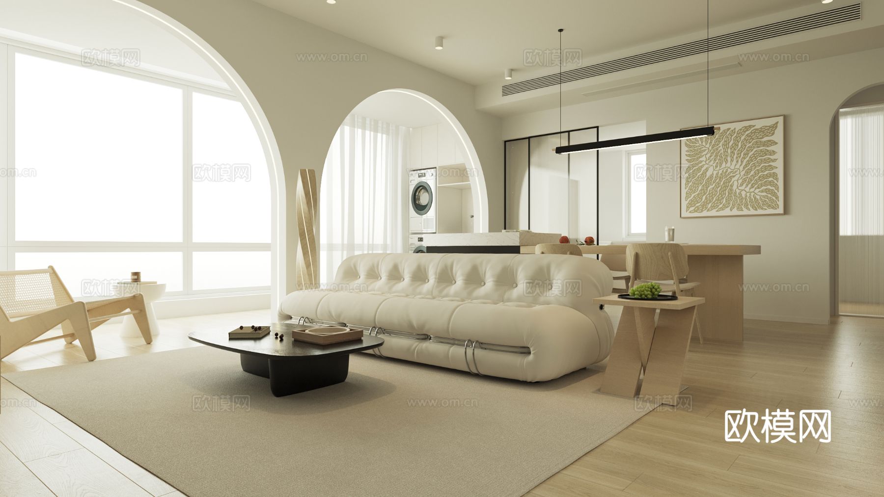 奶油风家装案例客厅 卧室效果图下载（渲染图3）