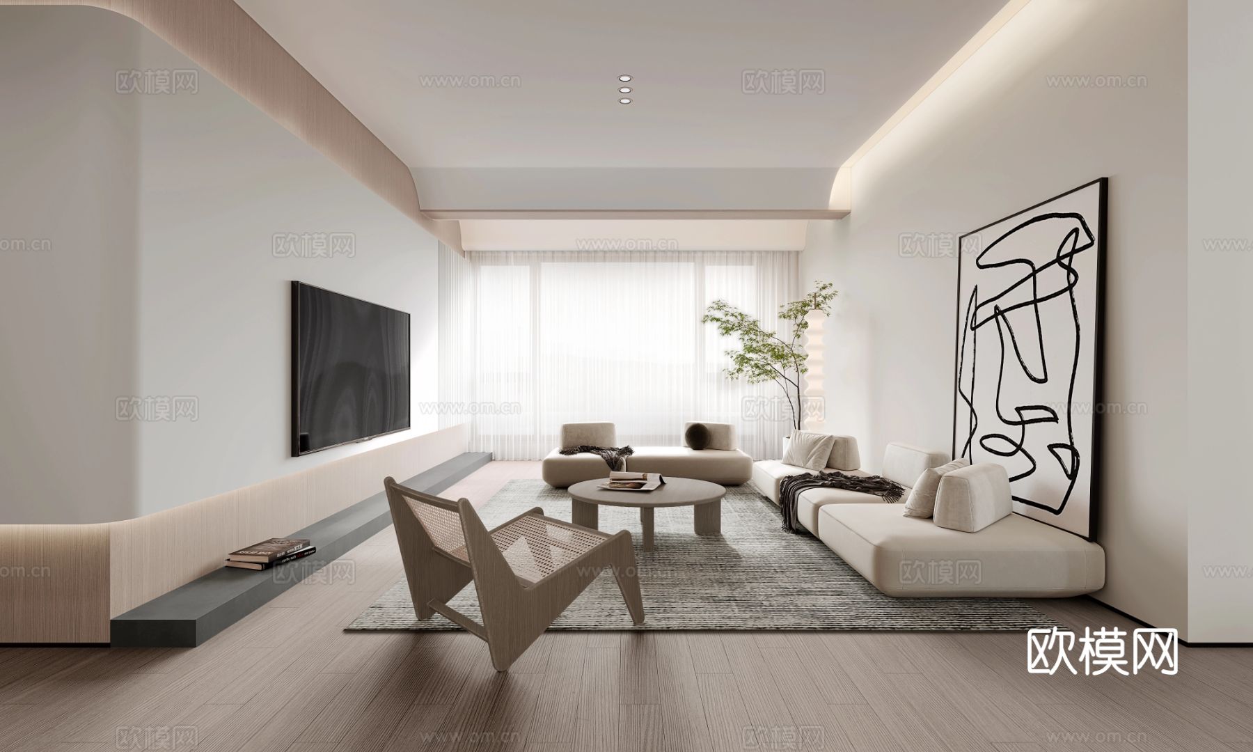 奶油风家装案例 客厅卧室效果图下载（渲染图3）