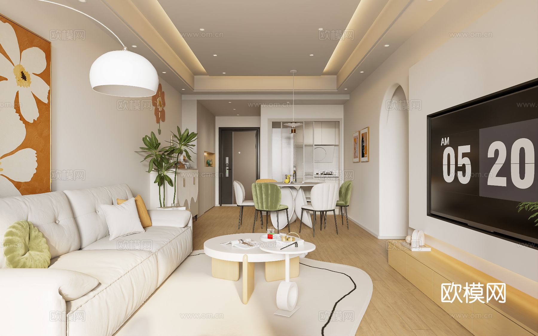 奶油风家装案例客厅 卧室效果图下载（渲染图5）