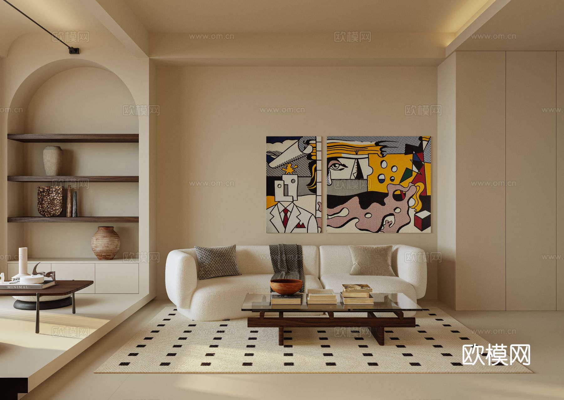 奶油风家装案例 客厅 卧室效果图下载（渲染图2）