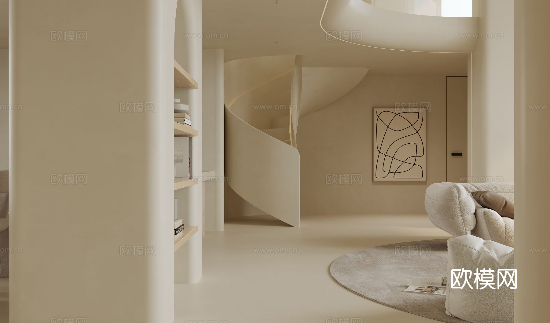 奶油风家装复式案例客厅 卧室效果图下载（渲染图2）