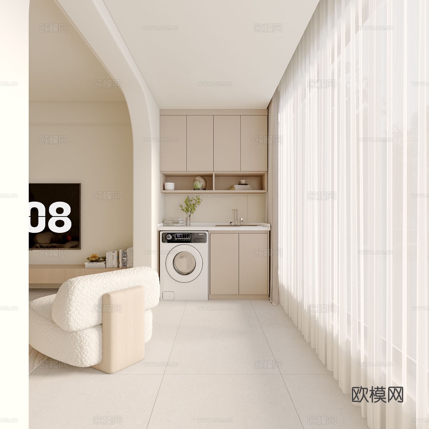 奶油风家装案例客厅 卧室效果图下载（渲染图4）