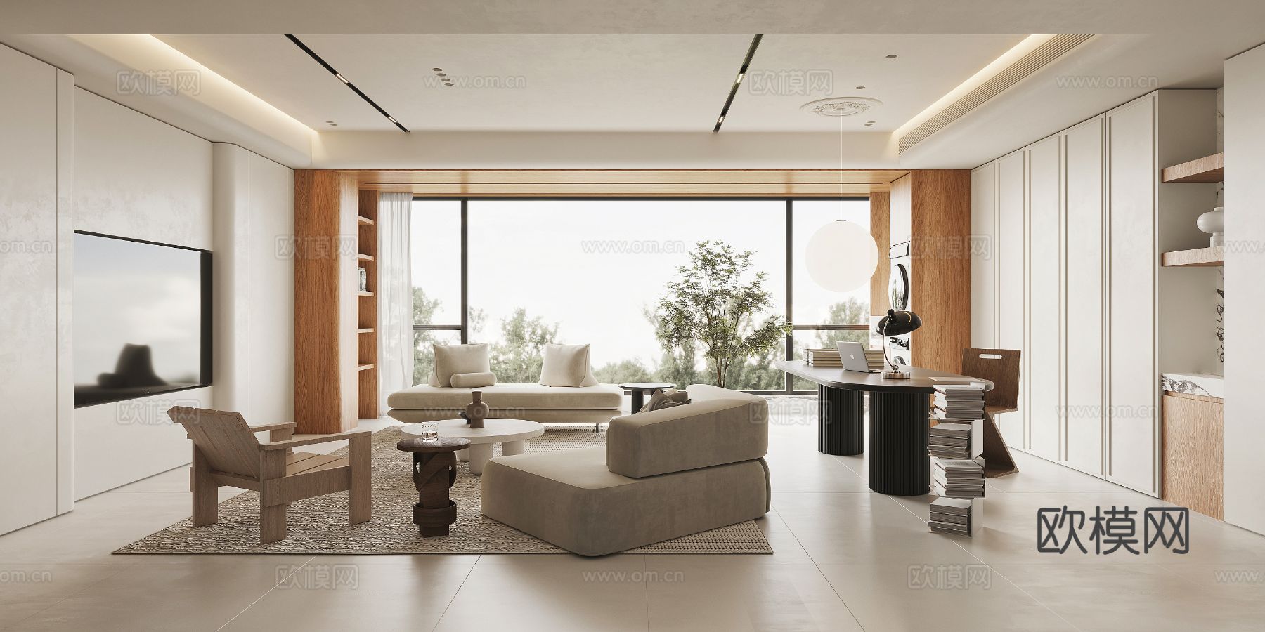 奶油风家装案例客厅 卧室效果图下载（渲染图2）