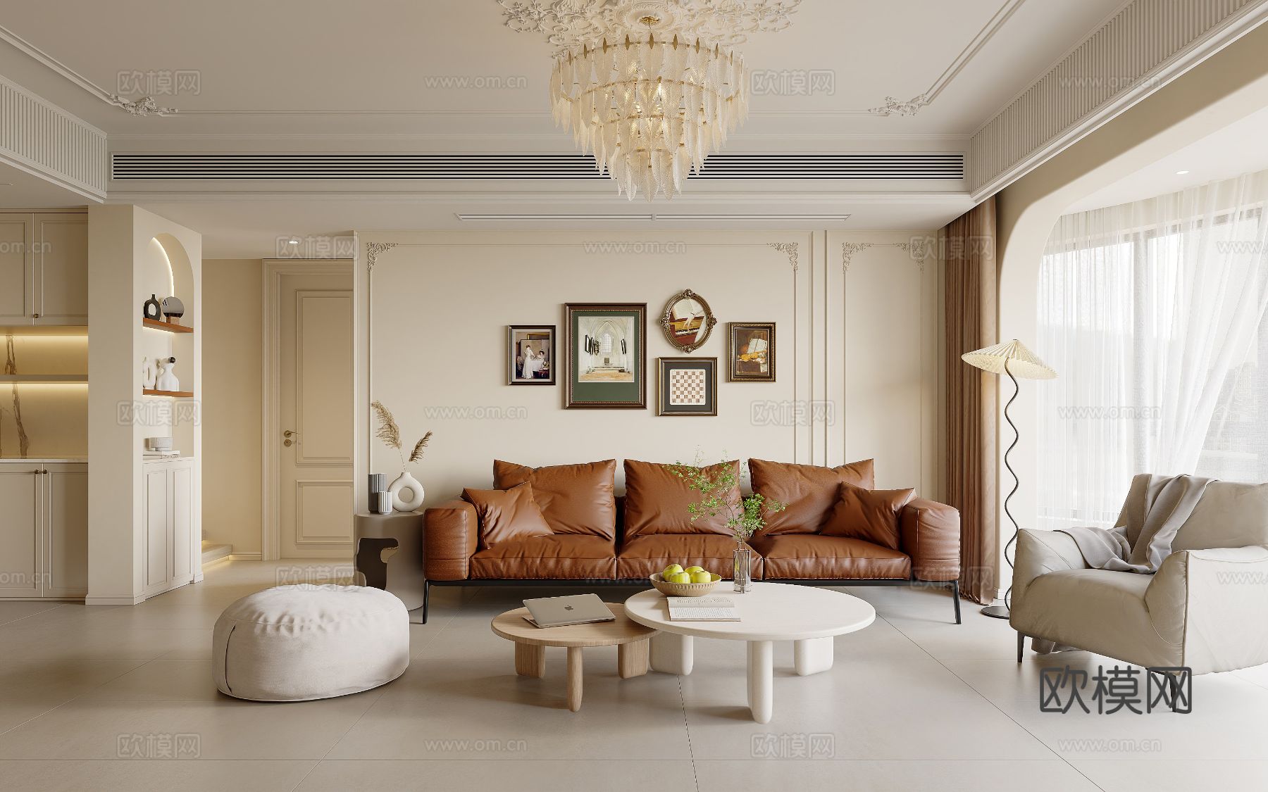 奶油风家装案例客厅卧室效果图下载（渲染图1）