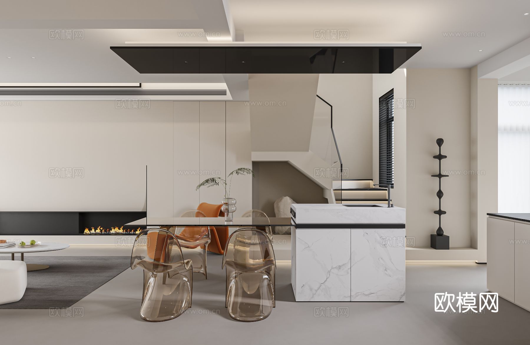 奶油风复式家装案例客厅 卧室效果图下载（渲染图2）