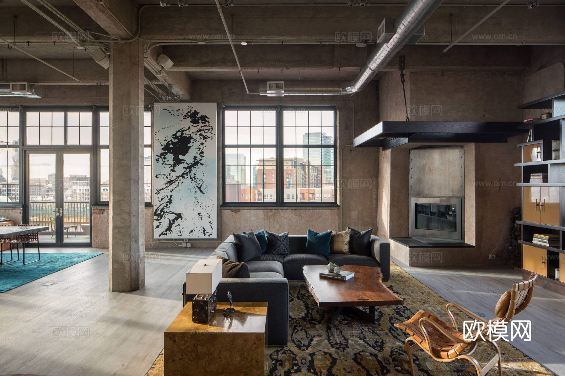 现代工业风公寓 家装设计 餐厅 客厅 卧室效果图下载（渲染图3）