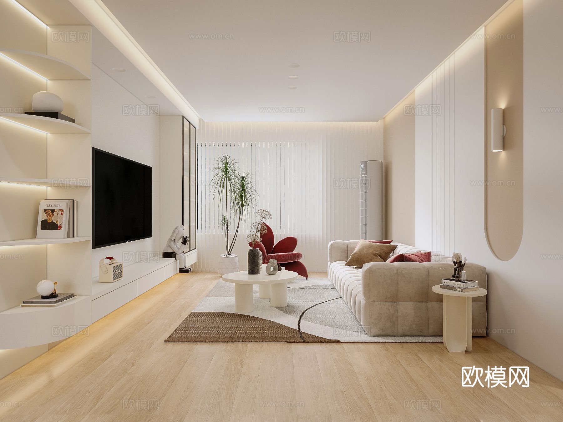 奶油风家装案例客厅卧室效果图下载（渲染图1）