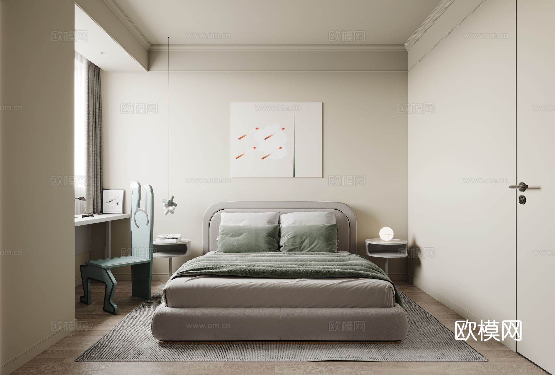 奶油风家装案例客厅卧室效果图下载（渲染图10）