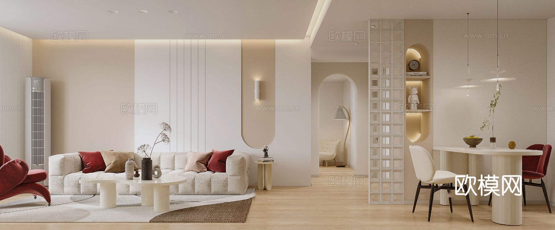 奶油风家装案例客厅卧室效果图下载（渲染图2）