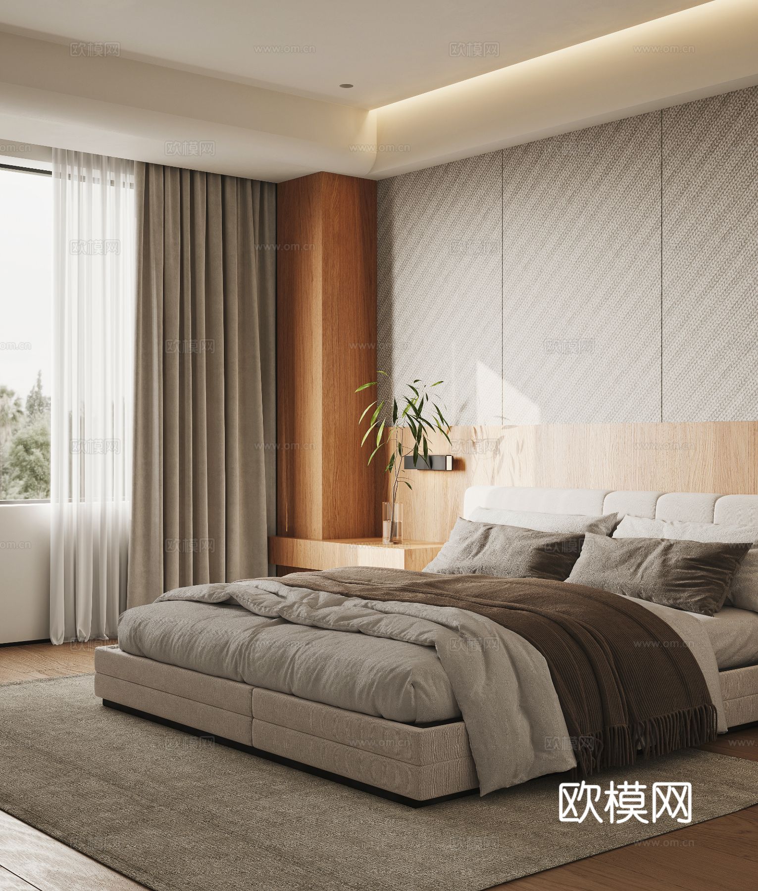 奶油风家装案例客厅 卧室效果图下载（渲染图4）