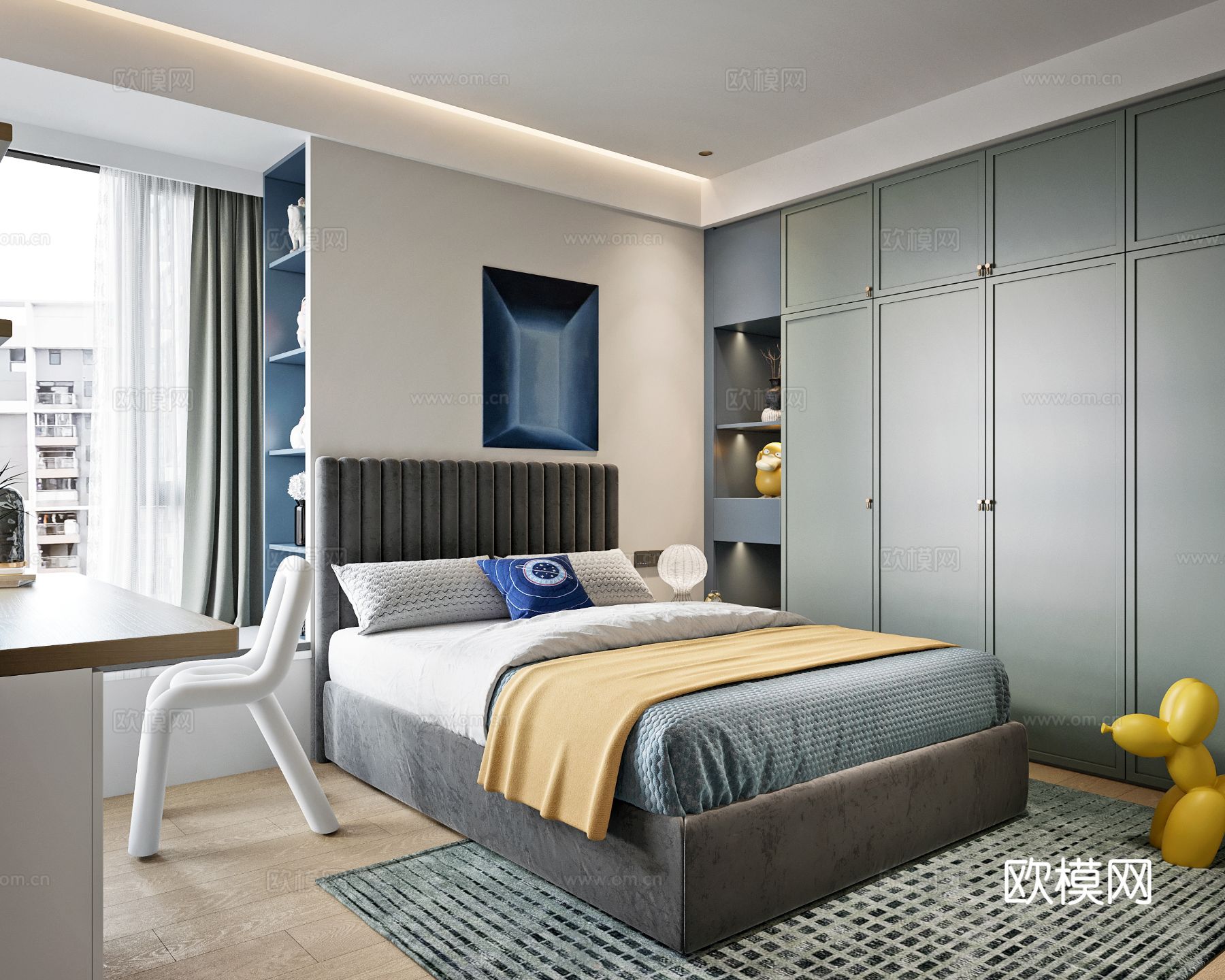 现代奶油风家装案例 卧室效果图下载（渲染图6）