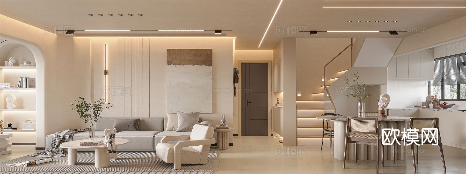 奶油风家装案例客厅 卧室效果图下载（渲染图1）