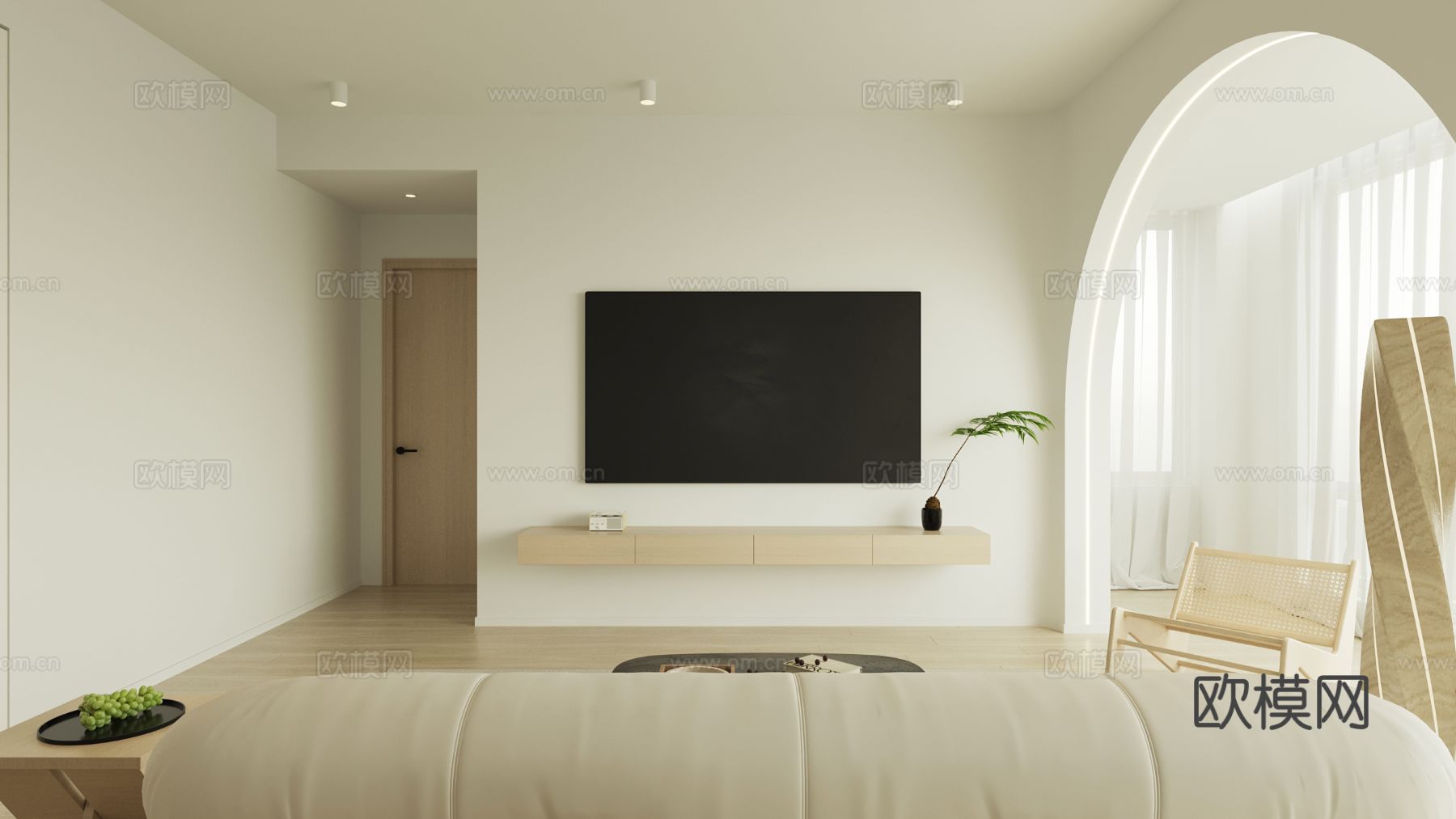 奶油风家装案例客厅 卧室效果图下载（渲染图4）