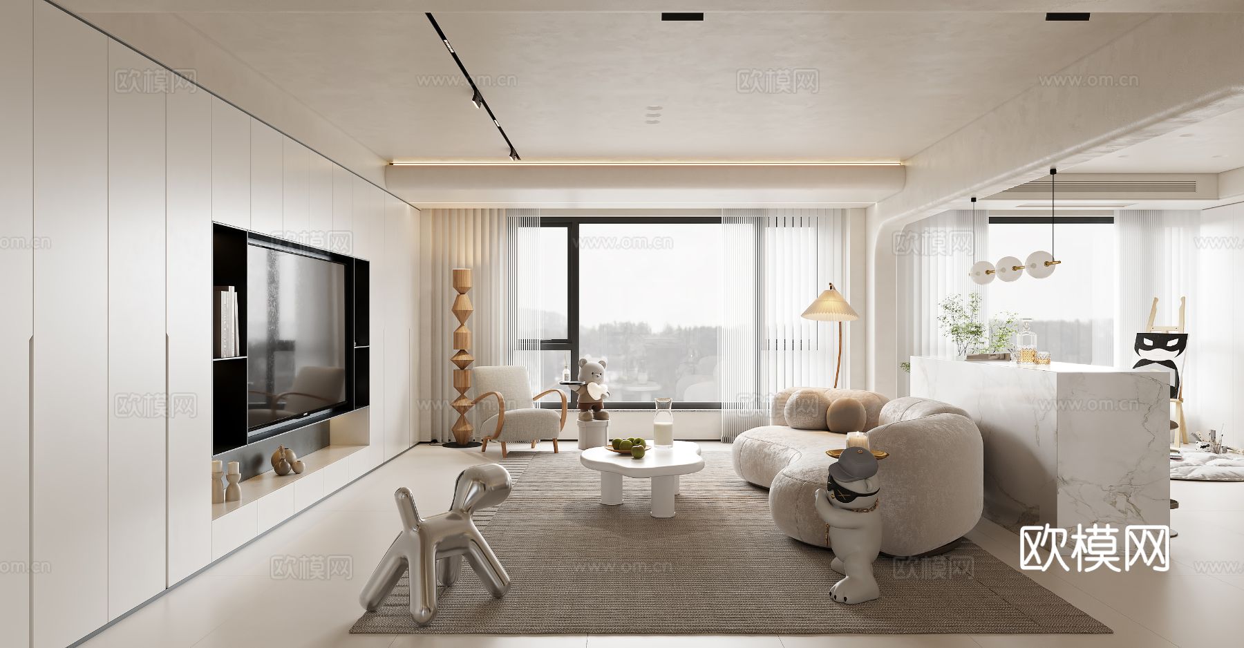 奶油风家装案例客厅 卧室效果图下载（渲染图2）