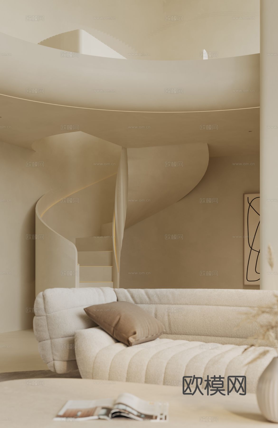 奶油风家装复式案例客厅 卧室效果图下载（渲染图7）