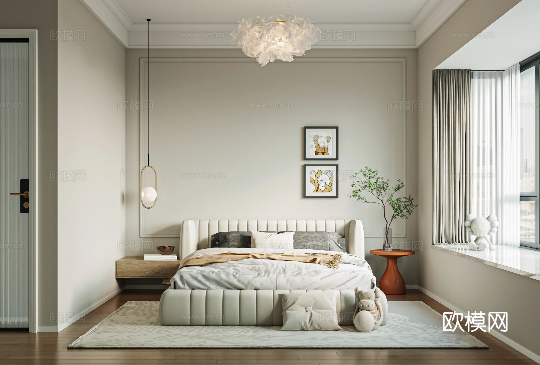 奶油风家装案例 客厅 卧室效果图下载（渲染图2）