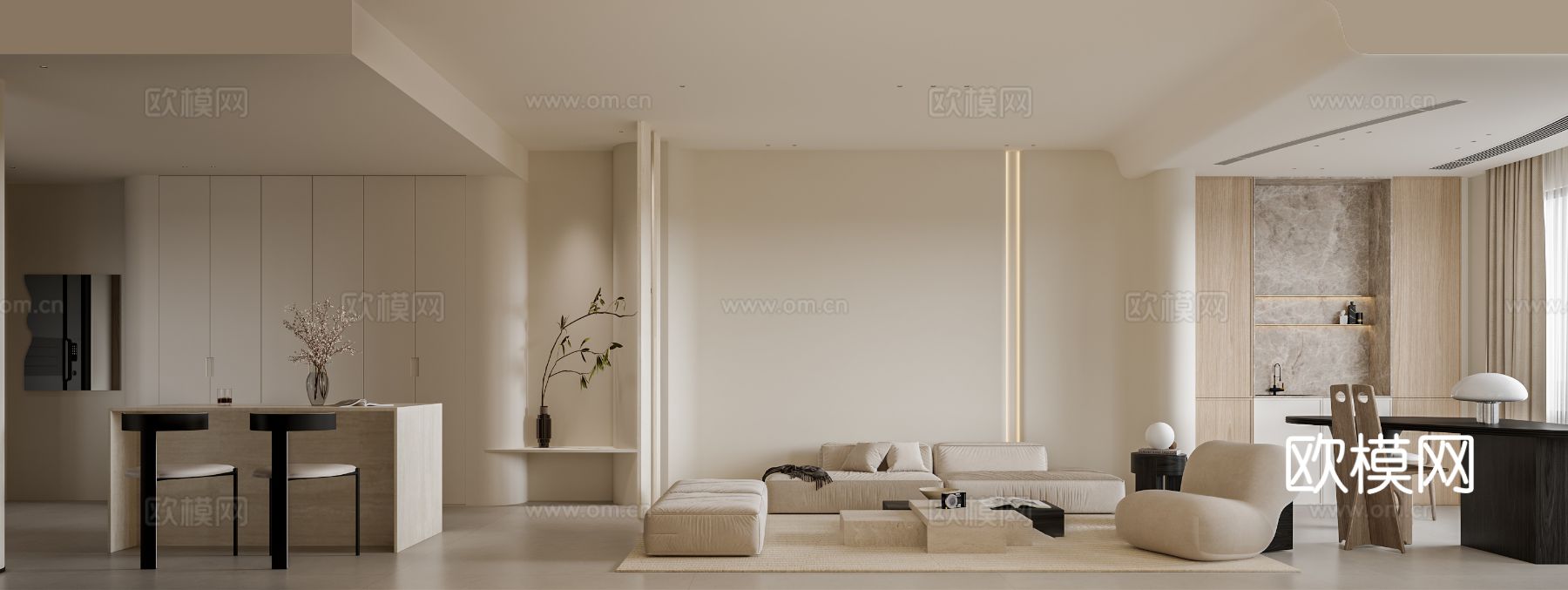 奶油风家装案例客厅 卧室效果图下载（渲染图20）