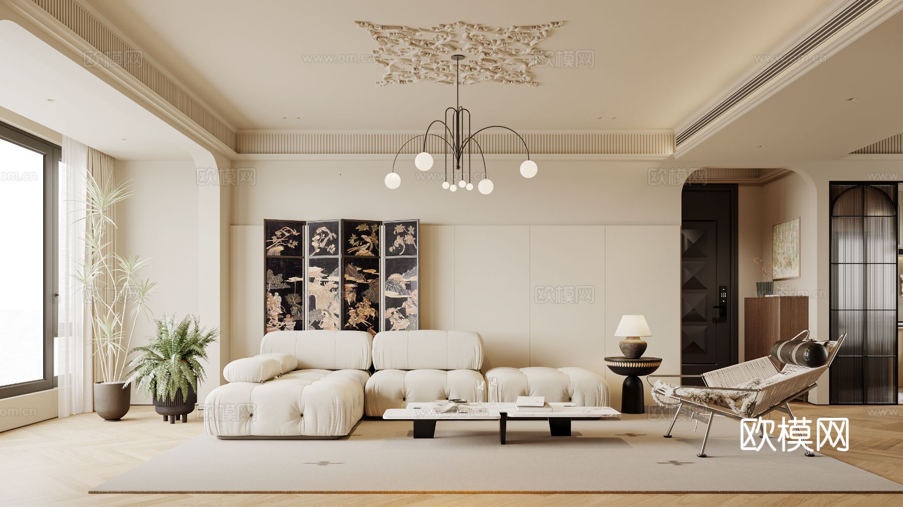 奶油风家装案例客厅卧室效果图下载（渲染图1）