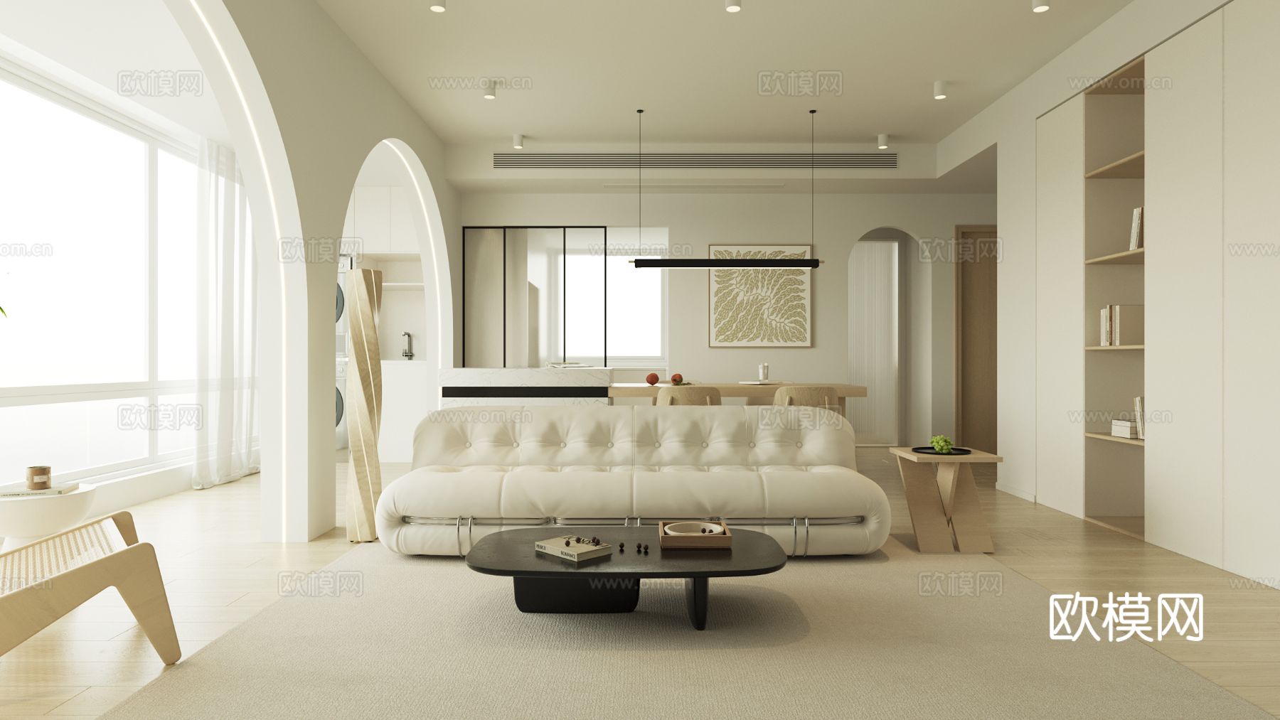 奶油风家装案例客厅 卧室效果图下载（渲染图1）