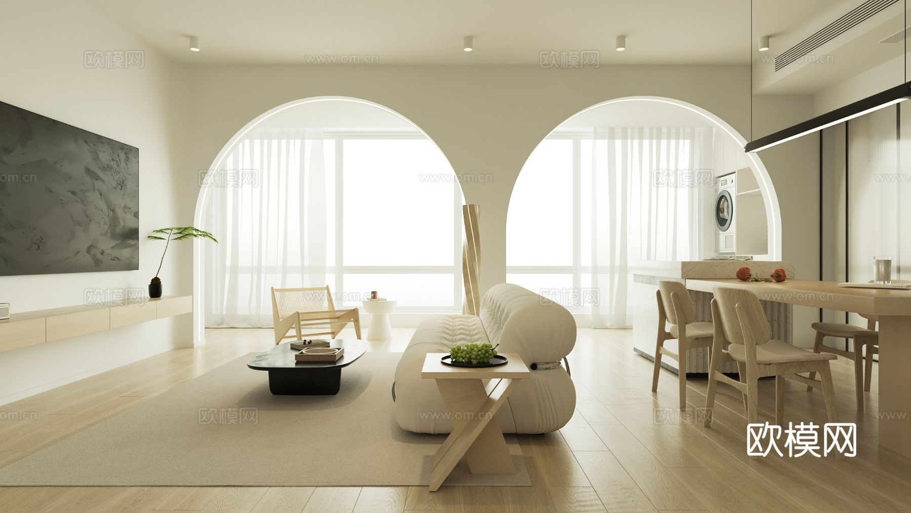 奶油风家装案例客厅 卧室效果图下载（渲染图2）