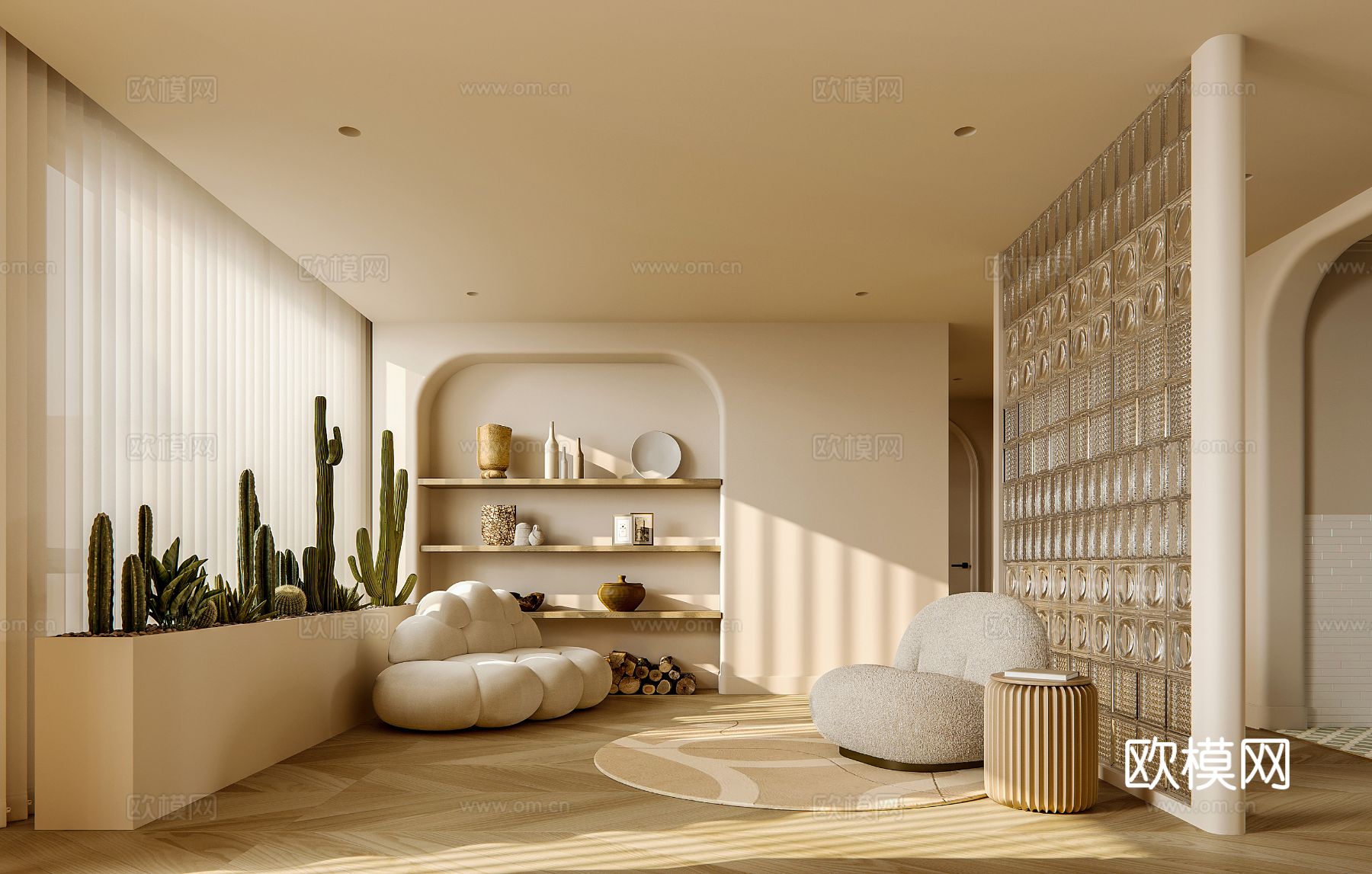 奶油风家装案例客厅 卧室效果图下载（渲染图9）