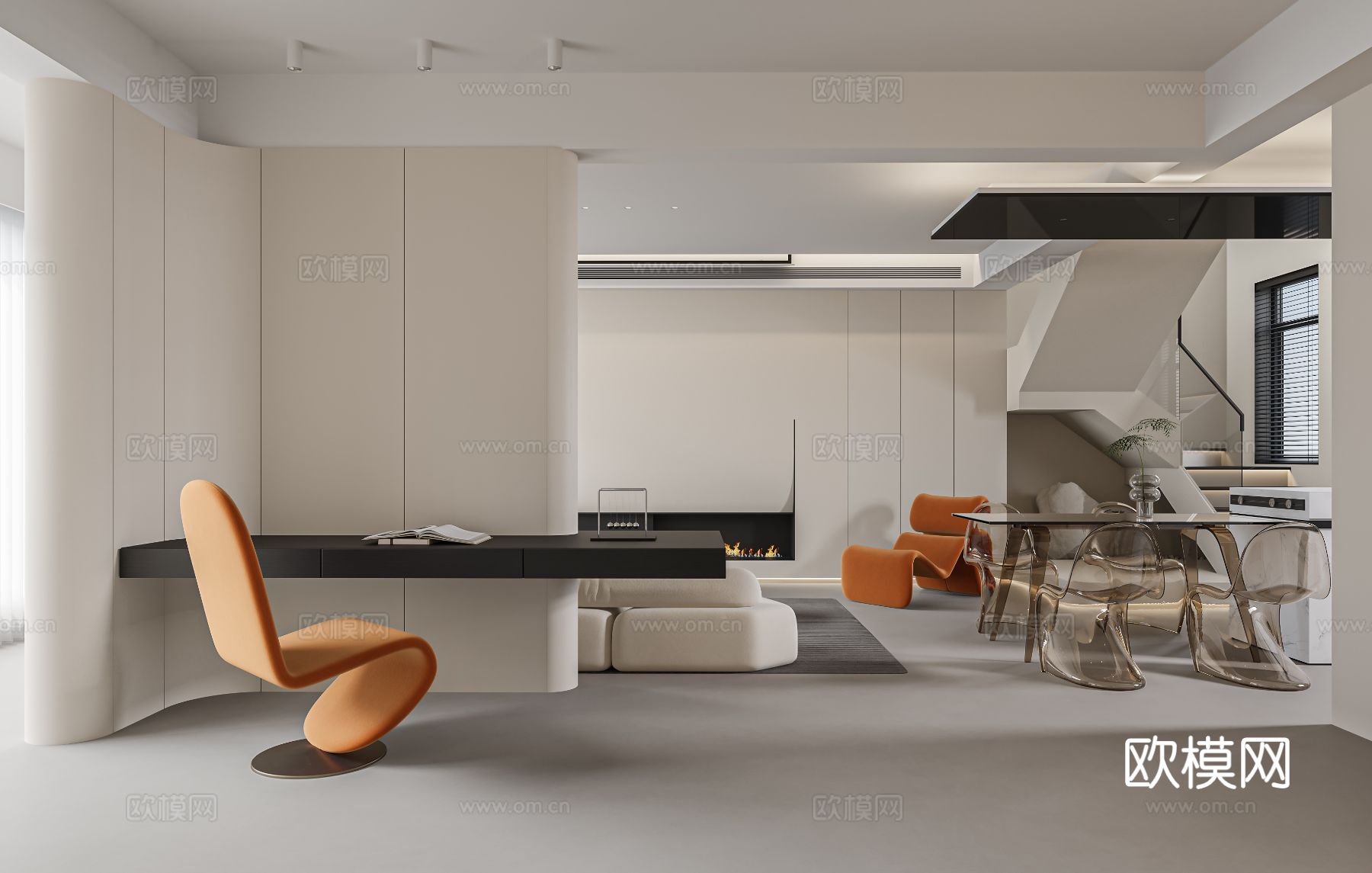 奶油风复式家装案例客厅 卧室效果图下载（渲染图1）