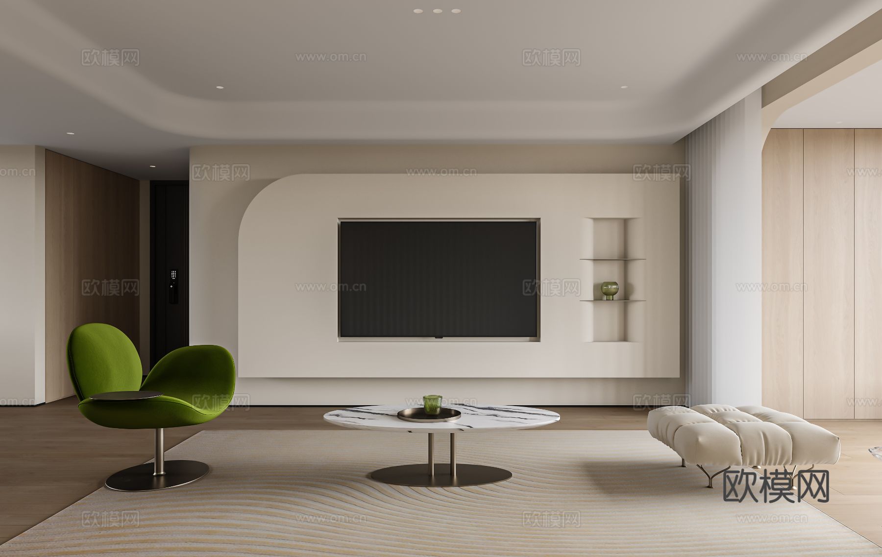 奶油风家装案例客厅 卧室效果图下载（渲染图2）