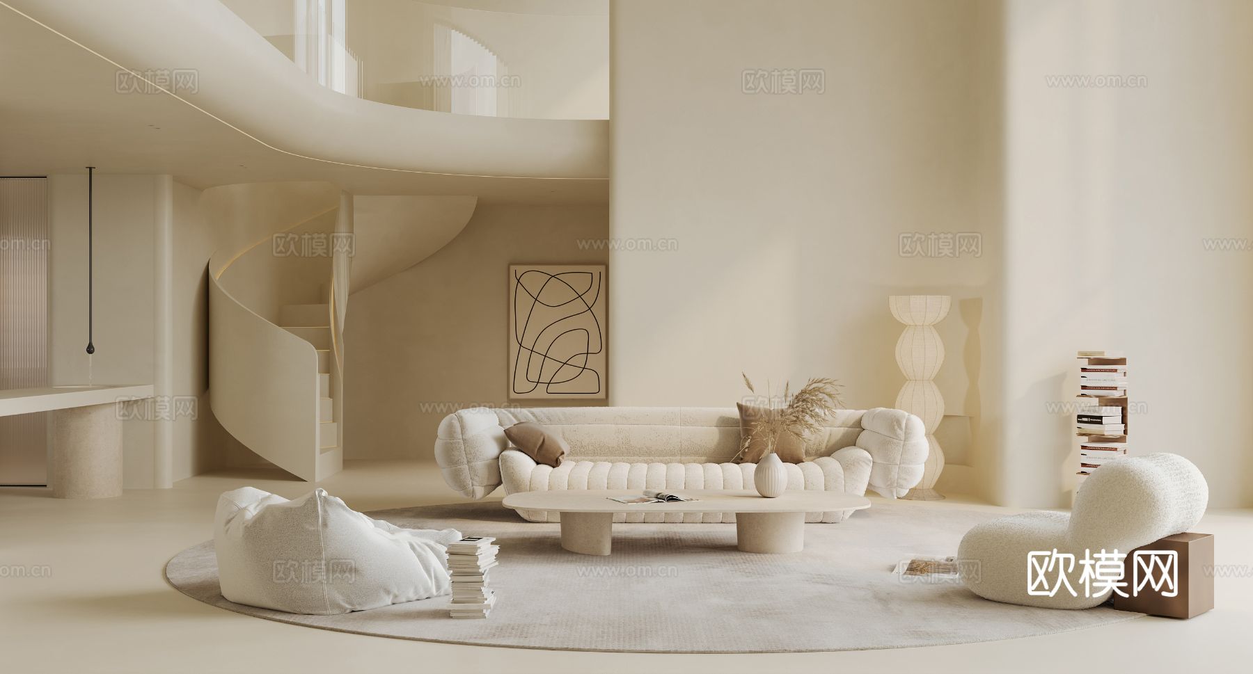 奶油风家装复式案例客厅 卧室效果图下载（渲染图6）