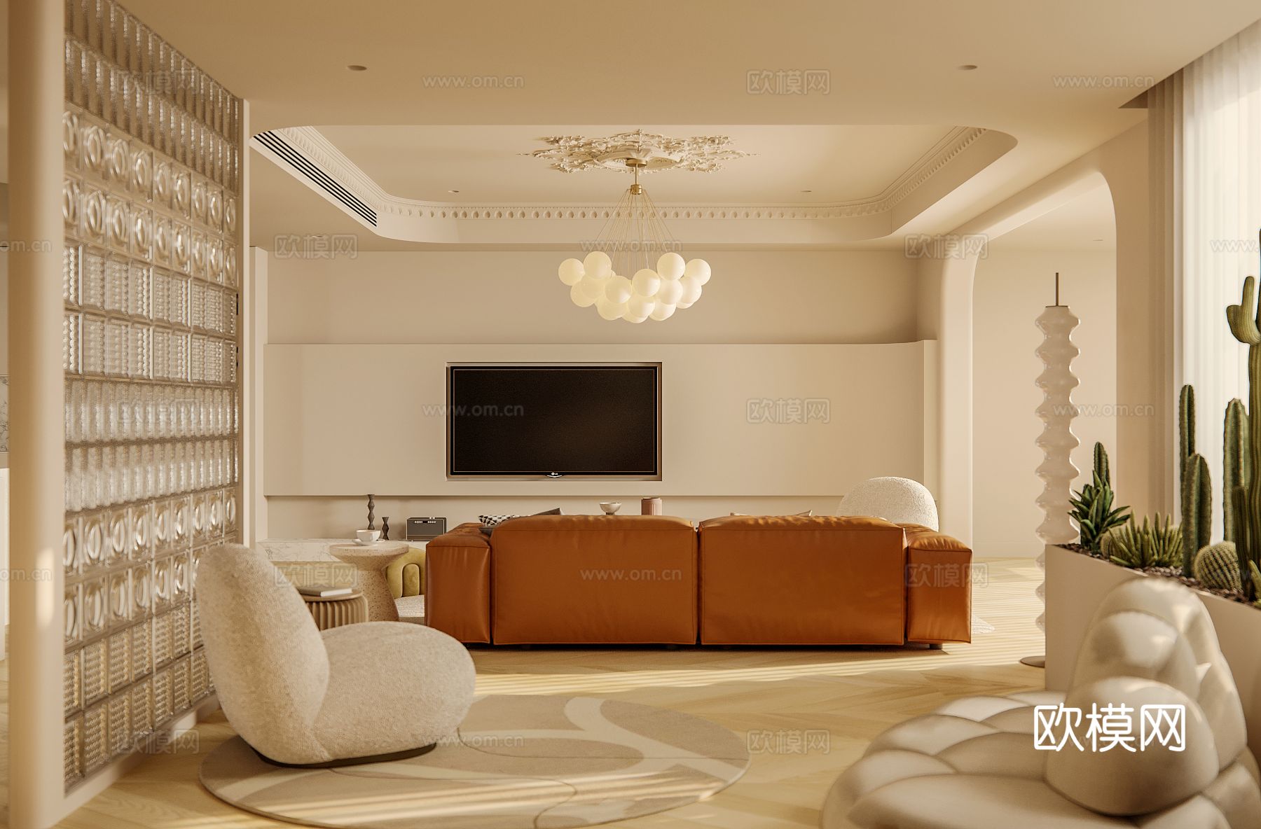 奶油风家装案例客厅 卧室效果图下载（渲染图1）