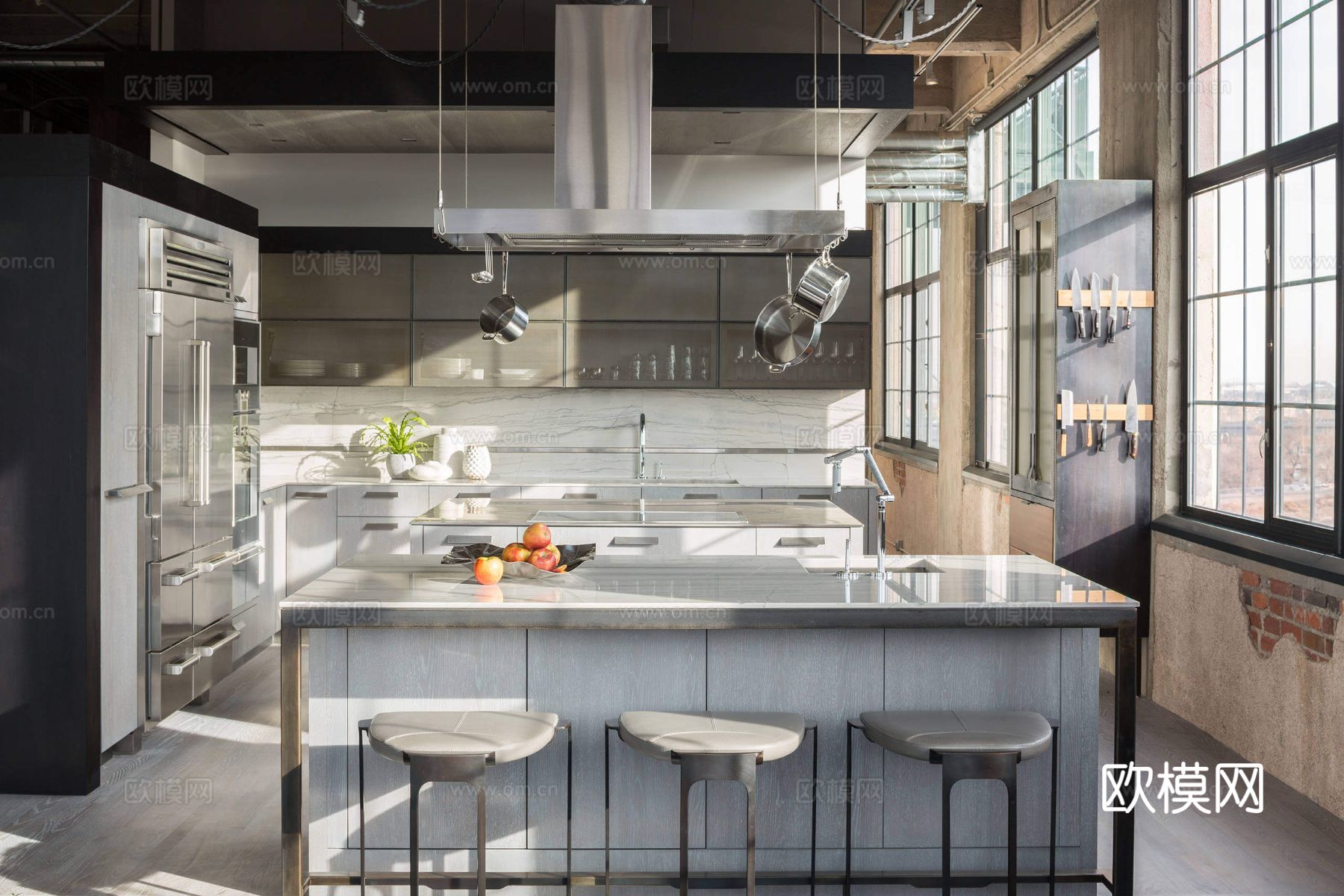 现代工业风公寓 家装设计 餐厅 客厅 卧室效果图下载（渲染图1）