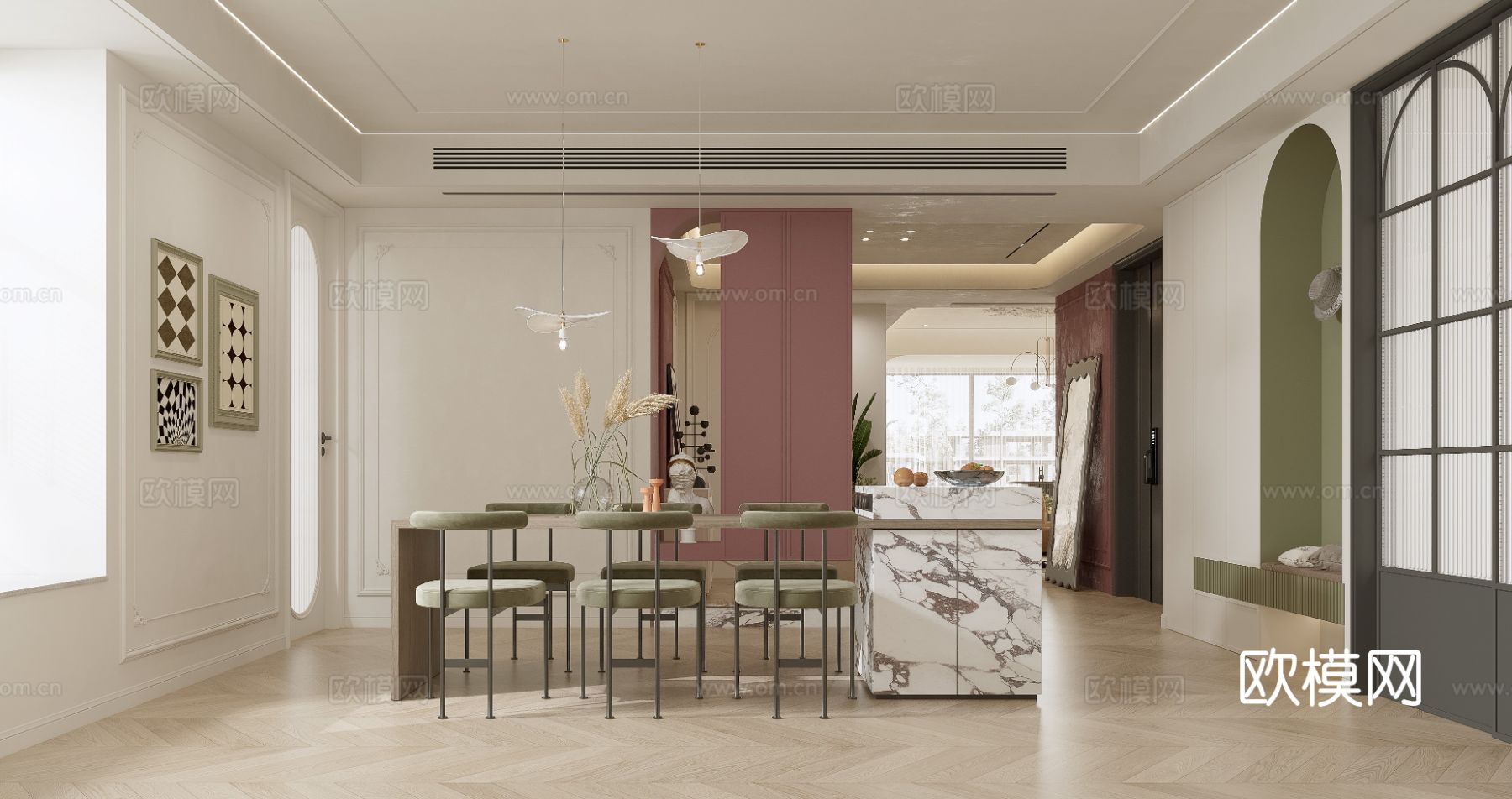 奶油风家装 大平层案例 客厅 卧室效果图下载（渲染图4）