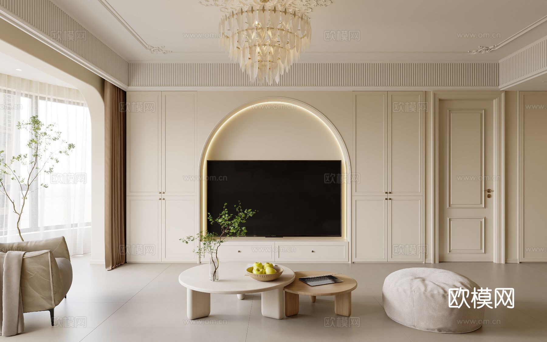 奶油风家装案例客厅卧室效果图下载（渲染图2）