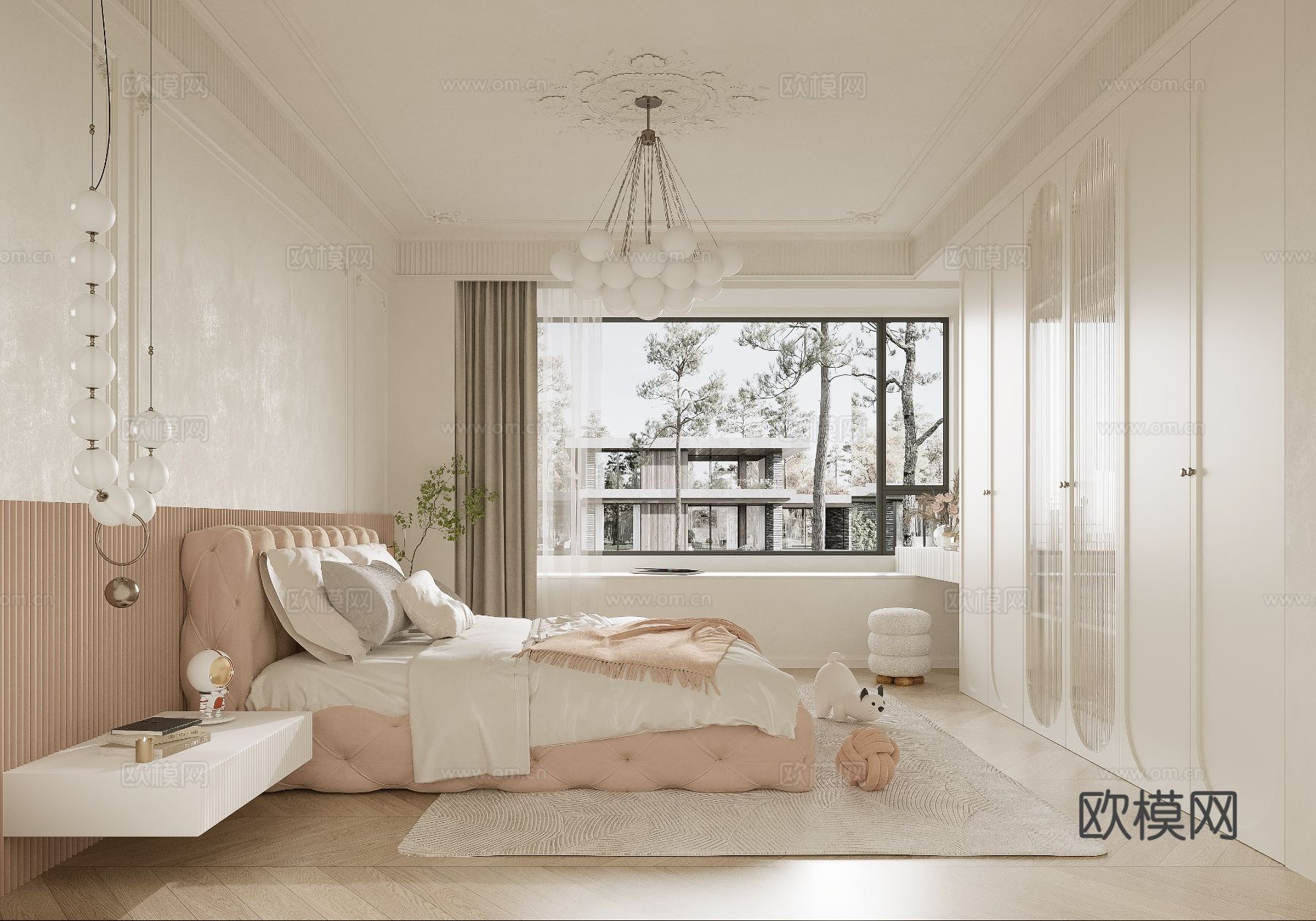 奶油风家装 大平层案例 客厅 卧室效果图下载（渲染图3）