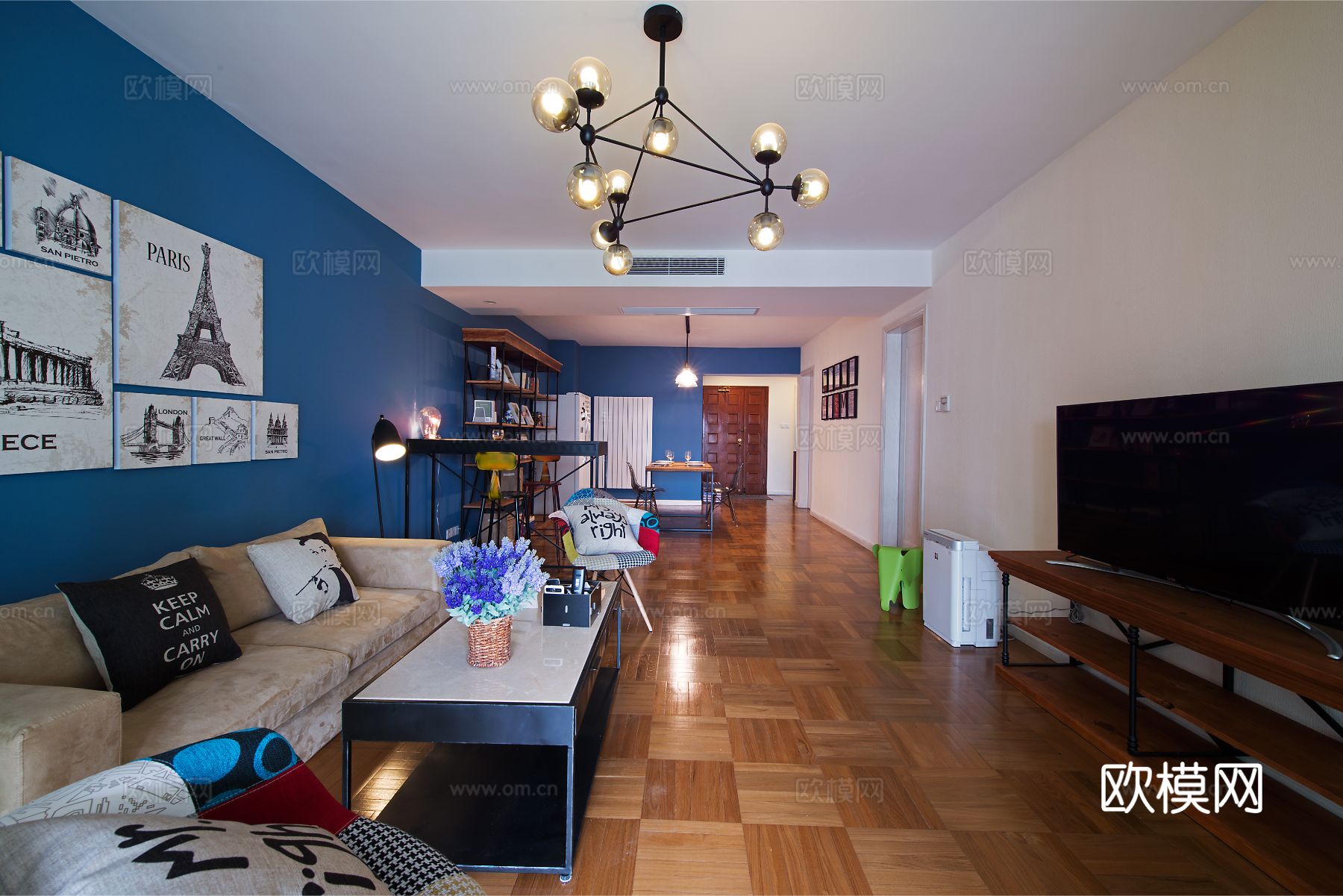 现代工业风平层家装 餐厅客厅卧室效果图下载（渲染图1）